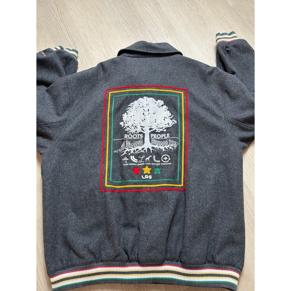 LRG Roots People Varsity Jacket XL Grey Wool Blend Snap Button As Is Read